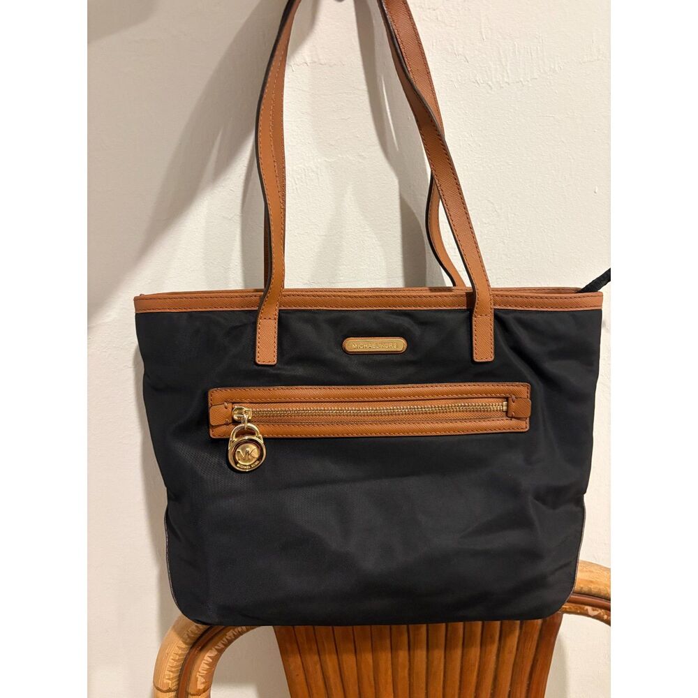 Michael Kors Medium Pocket Tote Black and Brown Leather trim Nylon Tote